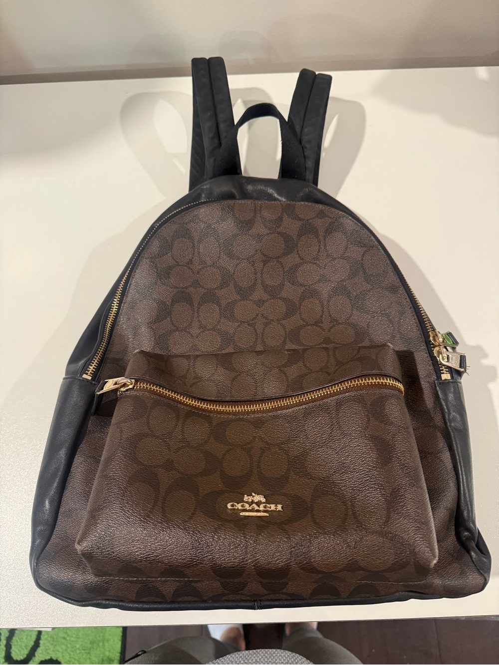 Coach Signature Canvas & Black Leather Backpack Brown Black Gold Hardware